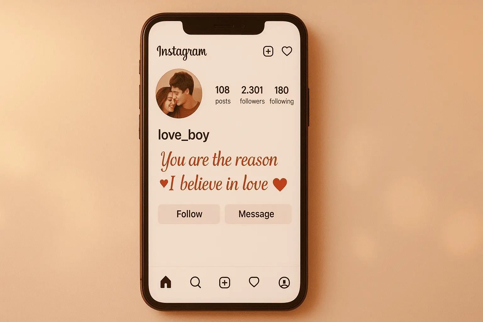 Romantic Instagram bio for boys love displayed on phone mockup